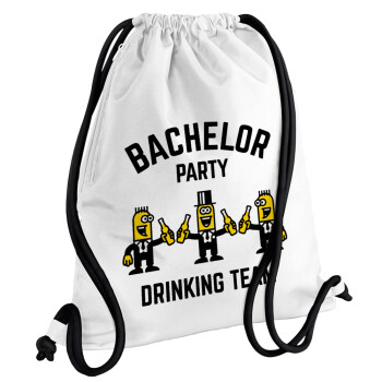 Bachelor Party Drinking Team, Τσάντα πλάτης πουγκί GYMBAG λευκή, με τσέπη (40x48cm) & χονδρά κορδόνια