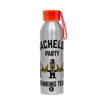 Bachelor Party Drinking Team, Αλουμινένιο Αθλητικό Μπουκάλι 650ml – Ασημί με Κόκκινο Καπάκι και Λουράκι Σιλικόνης