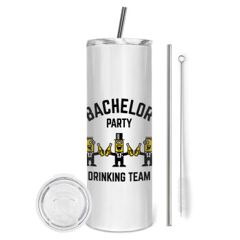 Bachelor Party Drinking Team, Eco friendly ποτήρι θερμό (tumbler) από ανοξείδωτο ατσάλι 600ml, με μεταλλικό καλαμάκι & βούρτσα καθαρισμού