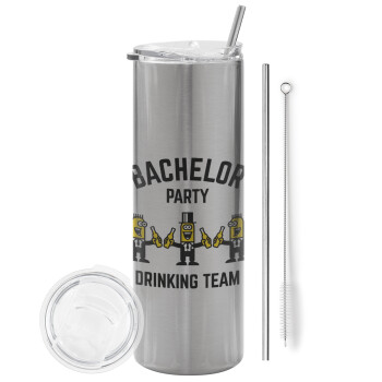 Bachelor Party Drinking Team, Eco friendly ποτήρι θερμό Ασημένιο (tumbler) από ανοξείδωτο ατσάλι 600ml, με μεταλλικό καλαμάκι & βούρτσα καθαρισμού