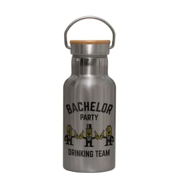 Bachelor Party Drinking Team, Stainless steel metallic thermos flask, silver with a bamboo lid, double-walled, 350ml.