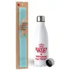 Easter Set, metallic stainless steel water bottle (750ml) & aromatic flat Easter candle (30cm) (TURQUOISE)