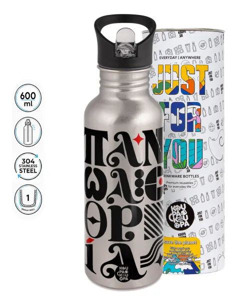 πανωλεθρία — Water bottle Silver with straw, stainless steel 600ml