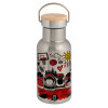 Stainless steel metallic thermos flask, silver with a bamboo lid, double-walled, 350ml.