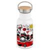 Metallic thermos (Stainless steel) White with wooden lid (bamboo), double-walled, 350ml