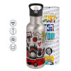 Water bottle Silver with straw, stainless steel 600ml