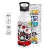 White water bottle with straw, stainless steel 600ml