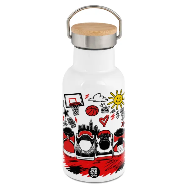 Streetware bascet — Metallic thermos (Stainless steel) White with wooden lid (bamboo), double-walled, 350ml