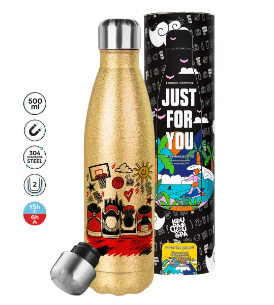 Streetware bascet — Glitter gold stainless steel thermos bottle, double-walled, 500ml