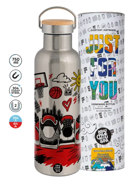 Streetware bascet — Stainless steel Silver with wooden lid (bamboo), double wall, 750ml