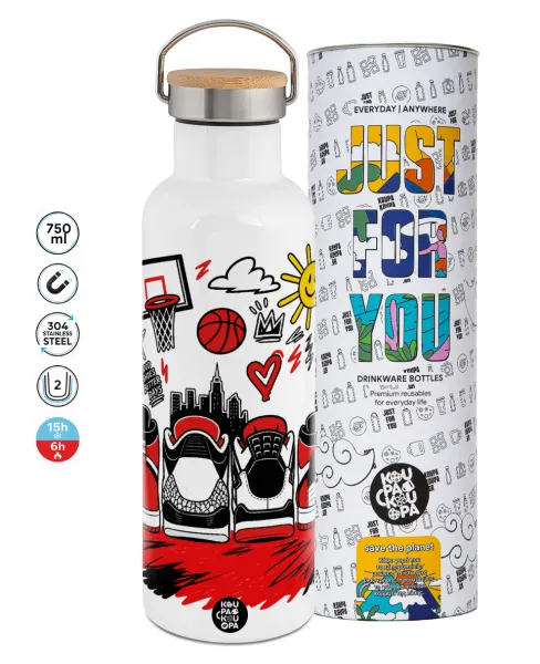 Streetware bascet — Stainless steel White with wooden lid (bamboo), double wall, 750ml