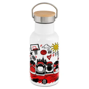 Streetware bascet, Metallic thermos (Stainless steel) White with wooden lid (bamboo), double-walled, 350ml
