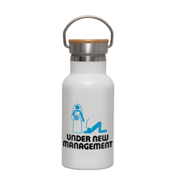 Under new Management, Metallic thermos (Stainless steel) White with wooden lid (bamboo), double-walled, 350ml