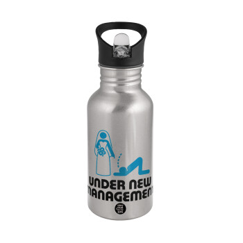 Under new Management, Water bottle Silver with straw, stainless steel 500ml