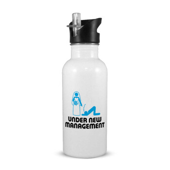 Under new Management, White water bottle with straw, stainless steel 600ml