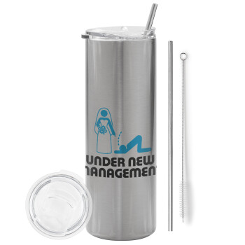 Under new Management, Eco friendly stainless steel Silver tumbler 600ml, with metal straw & cleaning brush