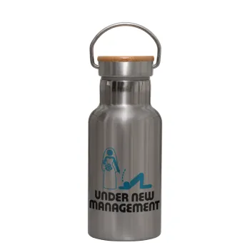 Under new Management, Stainless steel metallic thermos flask, silver with a bamboo lid, double-walled, 350ml.