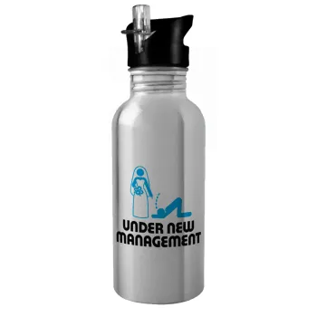 Under new Management, Water bottle Silver with straw, stainless steel 600ml