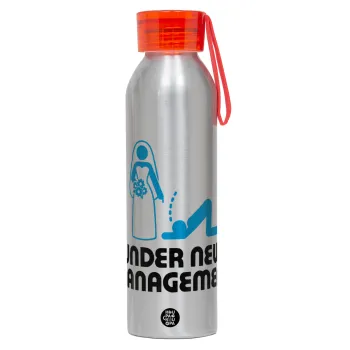 Under new Management, Αλουμινένιο Αθλητικό Μπουκάλι 650ml – Ασημί με Κόκκινο Καπάκι και Λουράκι Σιλικόνης