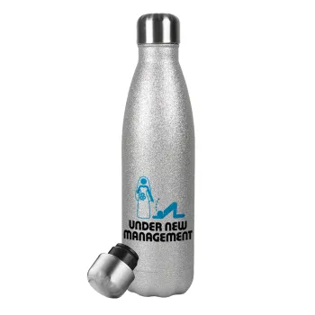 Under new Management, Metallic Glitter Silver Thermos Flask (Stainless steel), double-walled, 500ml