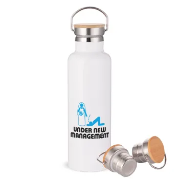 Under new Management, Stainless steel White with wooden lid (bamboo), double wall, 750ml