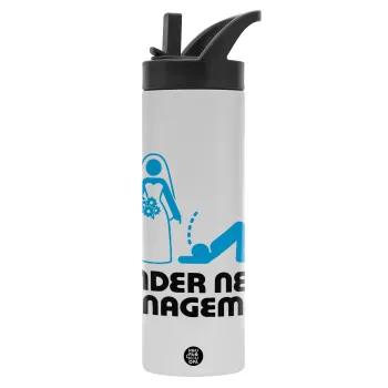 Under new Management, Μεταλλικό παγούρι θερμός με καλαμάκι & χειρολαβή, ανοξείδωτο ατσάλι (Stainless steel 304), διπλού τοιχώματος, 600ml