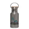 Stainless steel metallic thermos flask, silver with a bamboo lid, double-walled, 350ml.