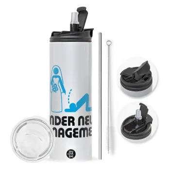 Under new Management, Travel Tumbler θερμό με διπλό καπάκι, μεταλλικό καλαμάκι και βούρτσα καθαρισμού (Ανωξείδωτο 304 Food grade, BPA free, 600ml)