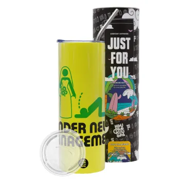 Under new Management, Neon Yellow Travel Tumbler θερμό, μεταλλικό καλαμάκι(Ανωξείδωτο 304 Food grade, BPA free, 600ml)