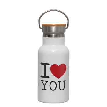 I Love you classic, Metallic thermos (Stainless steel) White with wooden lid (bamboo), double-walled, 350ml