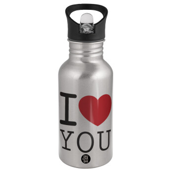 I Love you classic, Water bottle Silver with straw, stainless steel 500ml