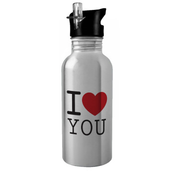 I Love you classic, Water bottle Silver with straw, stainless steel 600ml