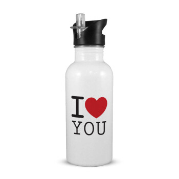 I Love you classic, White water bottle with straw, stainless steel 600ml