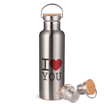 I Love you classic, Stainless steel Silver with wooden lid (bamboo), double wall, 750ml