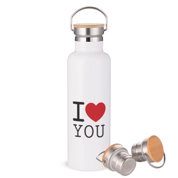 I Love you classic, Stainless steel White with wooden lid (bamboo), double wall, 750ml