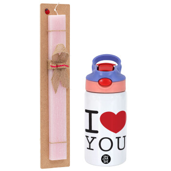 I Love you classic, Easter Set, Children's thermal stainless steel water bottle with safety straw, pink/purple (350ml) & Easter scented flat candle (30cm) (PINK)