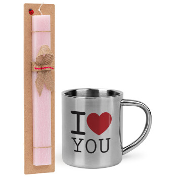 I Love you classic, Easter Set, metallic thermal cup (300ml) & aromatic flat Easter candle (30cm) (PINK)