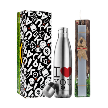 I Love you classic, Easter Set, metallic stainless thermos flask (500ml) & scented flat Easter candle (30cm) (GRAY)