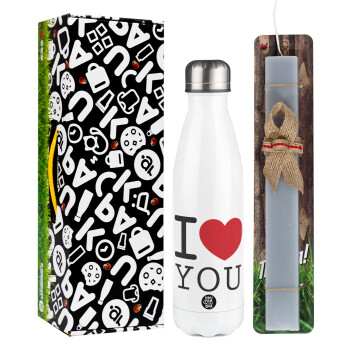 I Love you classic, Easter candle, metallic white thermos bottle (500ml) & aromatic flat candle (30cm) (GRAY)