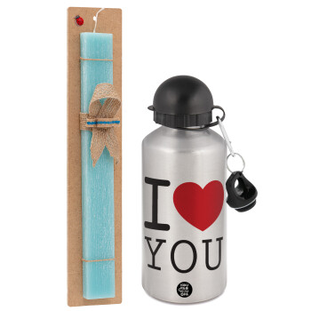 I Love you classic, Easter Set, metallic silver aluminum water bottle (500ml) & scented flat Easter candle (30cm) (TURQUOISE)