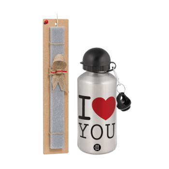 I Love you classic, Easter Set, metallic silver aluminum water bottle (500ml) & aromatic flat Easter candle (30cm) (GRAY)
