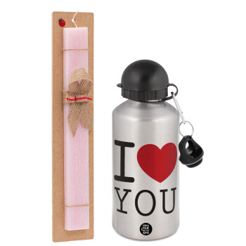 I Love you classic, Easter Set, metallic Silver aluminum water bottle (500ml) & scented flat Easter candle (30cm) (PINK)