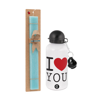 I Love you classic, Easter Set, metallic aluminum water bottle (500ml) & scented flat candle (30cm) (TURQUOISE)