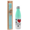 Easter Set, Metallic green/white thermos (Stainless steel), double-walled, 500ml & scented flat Easter candle (30cm) (TURQUOISE)