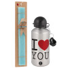 Easter Set, metallic silver aluminum water bottle (500ml) & scented flat Easter candle (30cm) (TURQUOISE)