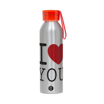 I Love you classic, Αλουμινένιο Αθλητικό Μπουκάλι 650ml – Ασημί με Κόκκινο Καπάκι και Λουράκι Σιλικόνης