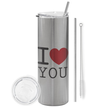 I Love you classic, Eco friendly stainless steel Silver tumbler 600ml, with metal straw & cleaning brush