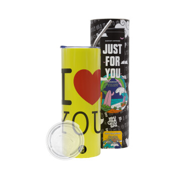 I Love you classic, Neon Yellow Travel Tumbler, with metal straw (Stainless steel 304 Food grade, BPA free, 600ml)