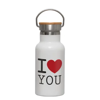 I Love you classic, Μεταλλικό παγούρι θερμός (Stainless steel) Λευκό με ξύλινο καπακι (bamboo), διπλού τοιχώματος, 350ml