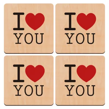 I Love you classic, ΣΕΤ x4 Σουβέρ ξύλινα τετράγωνα plywood (9cm)